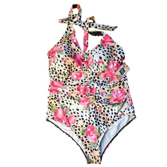 Womens Floral & Leopard Print One-Piece Halter Swimsuit By Noon Swim Size 20 - Picture 4 of 8